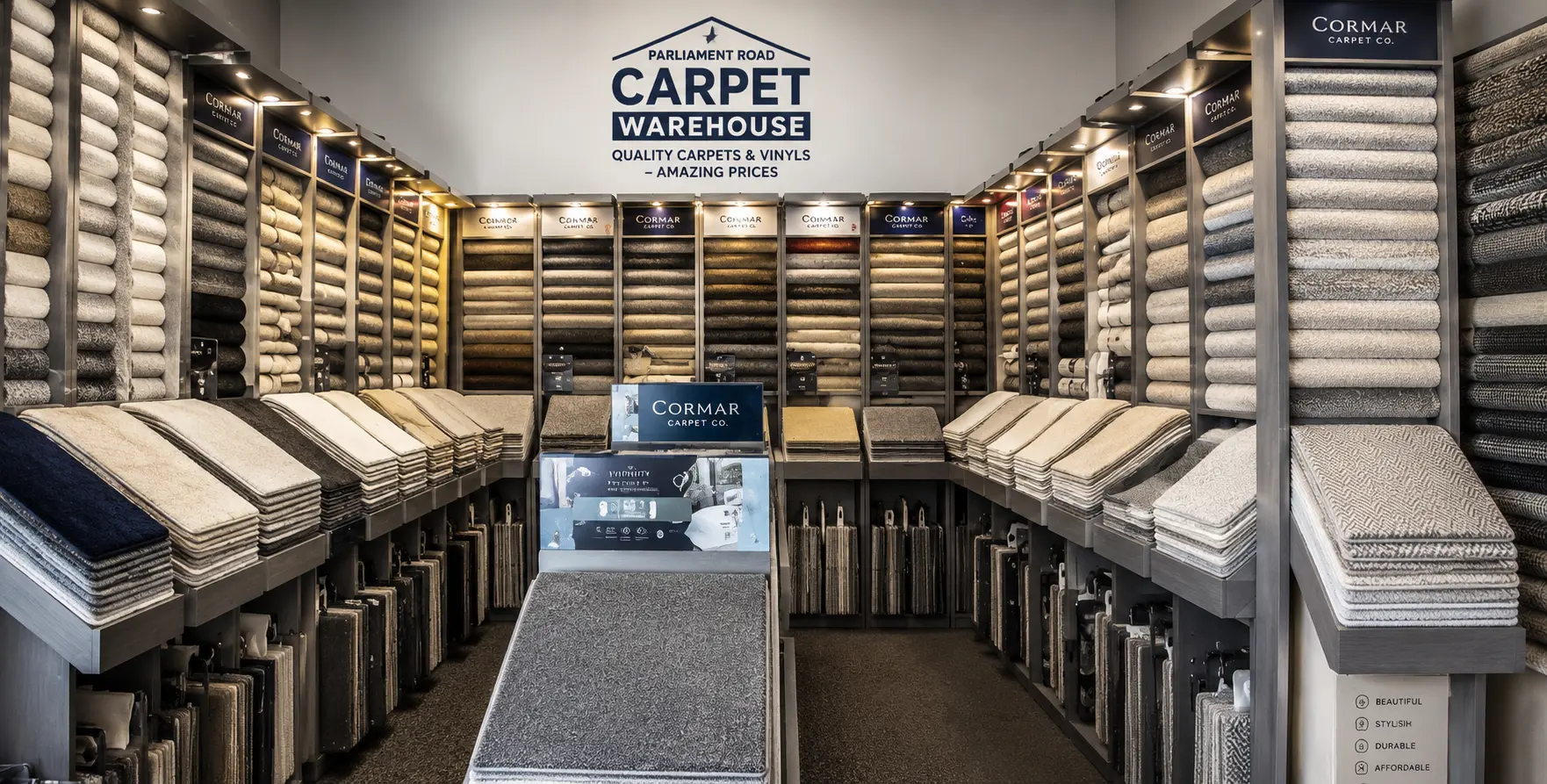 Inside the Parliament Road Carpet Warehouse showroom, with racks of carpet samples